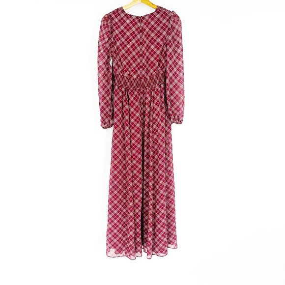 Gal Meets Glam New Red Maroon Plaid Long Puff Sleeve V- Neck Robyn Maxi Dress 2 - Picture 5 of 13